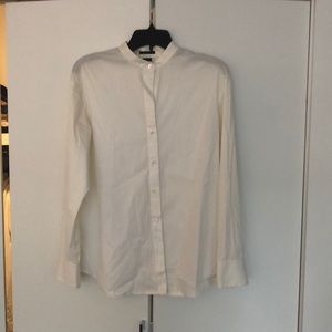 Theory White High Neck Button Blown Blouse